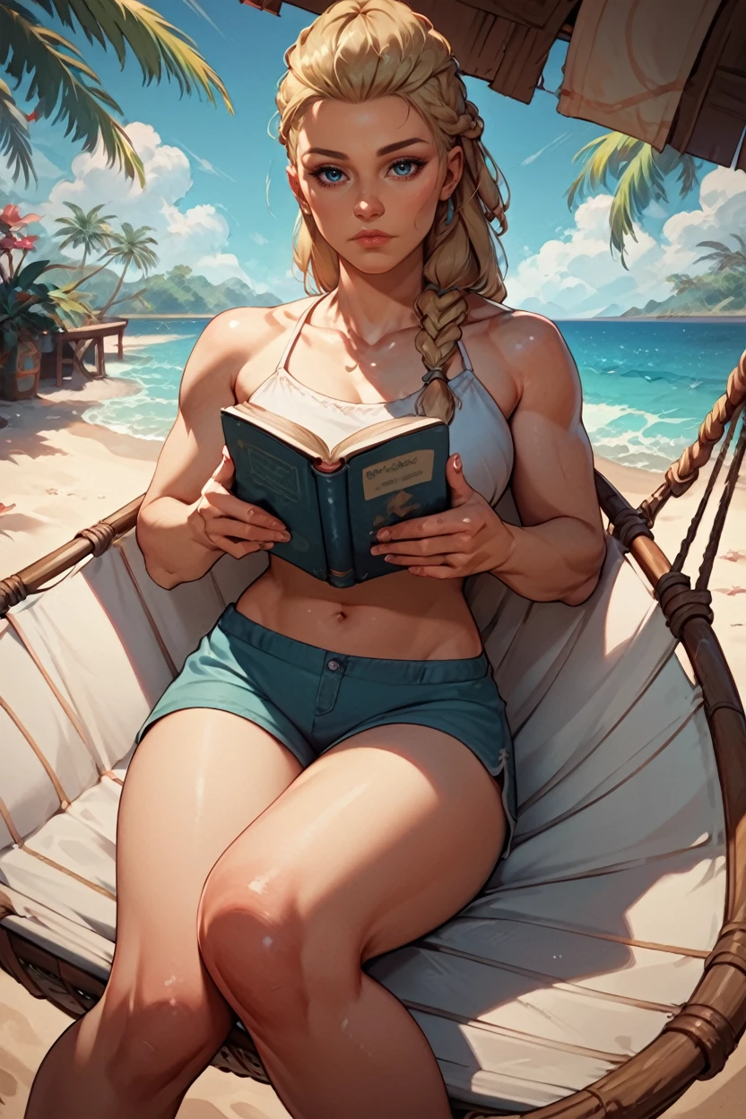 score_9, score_8_up, score_7_up, score_6_up
<lora:ACFEivor:1.0>
ACFEivor, 1girl, blonde hair, braid, long hair, looking at viewer, watching viewer, laying in a hammock, reading a book, tropical beach with palm trees swaying, clear blue sky and ocean, tranquil and leisurely setting