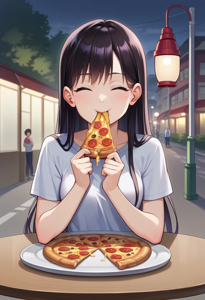 score_9, score_8_up, source_anime, 1girl, solo, Tights-chan, long hair, t-shirt, eating, table, upper body, pizza, happy, lamp, outdoors, street, lamppost, <lora:ChamTightsChanPonyXL:1>