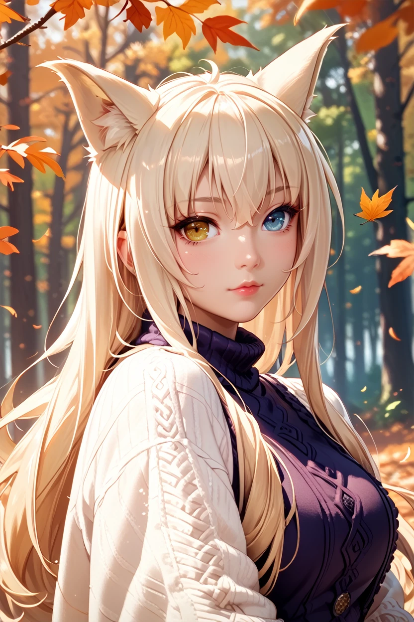 score_9, score_8_up, score_7_up, score_6_up
<lora:NPCoconut:1.0>
NPCoconut, 1girl, blonde hair, long hair, heterochromia, cat ears, looking at viewer, autumn forest with falling leaves in the background, warm earthy tones, cozy and nostalgic feel