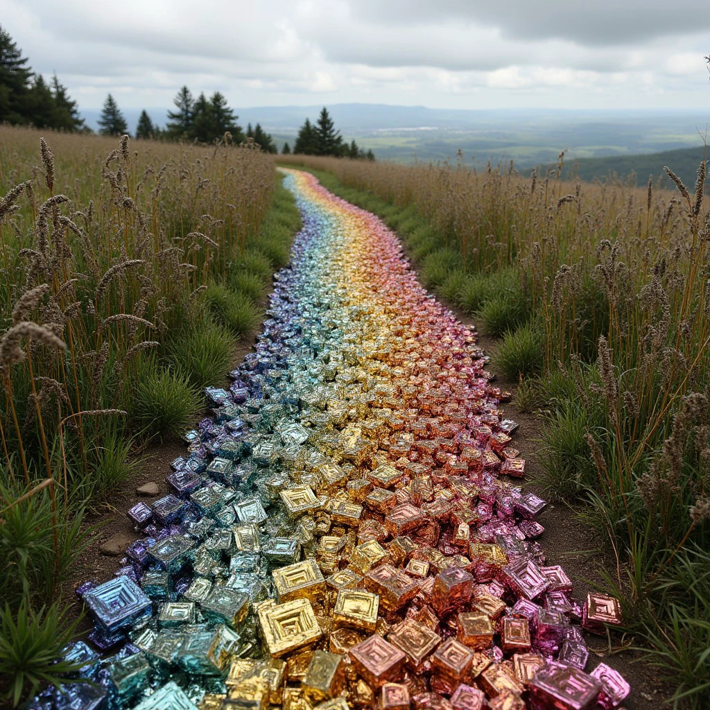 A photo of a winding countryside path paved with bismuth crystals.