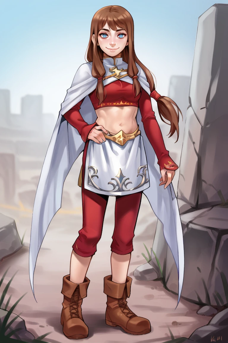 score_9, score_8_up, score_7_up, score_6_up, source_anime, BREAK, <lora:Katia:0.85> , kadef, 1girl, brown hair, long hair, low-tied long hair, blue eyes, white cape, cape, crop top, red crop top, long sleeves, red sleeves, sleeves past wrists, navel, midriff, apron, pants, red pants, boots, brown footwear, full body, looking at viewer, smile, closed mouth, hand on hip, <lora:zy_Detailed_Backgrounds_v1:0.3> , detailed background, highly detailed, exterior, wasteland, scenery, cliffs,