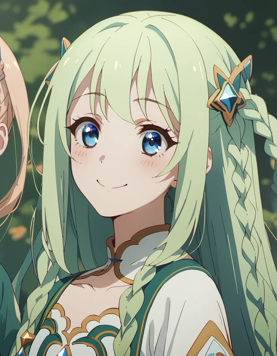 score_9, score_8_up, score_7_up, score_6_up, score_5_up, score_4_up, source_anime soft smile, wide shot,  <lora:PrincessConnectReDiveSet2:1> Chika, blue eyes, hair ornament, very long hair, green hair, twin braids,