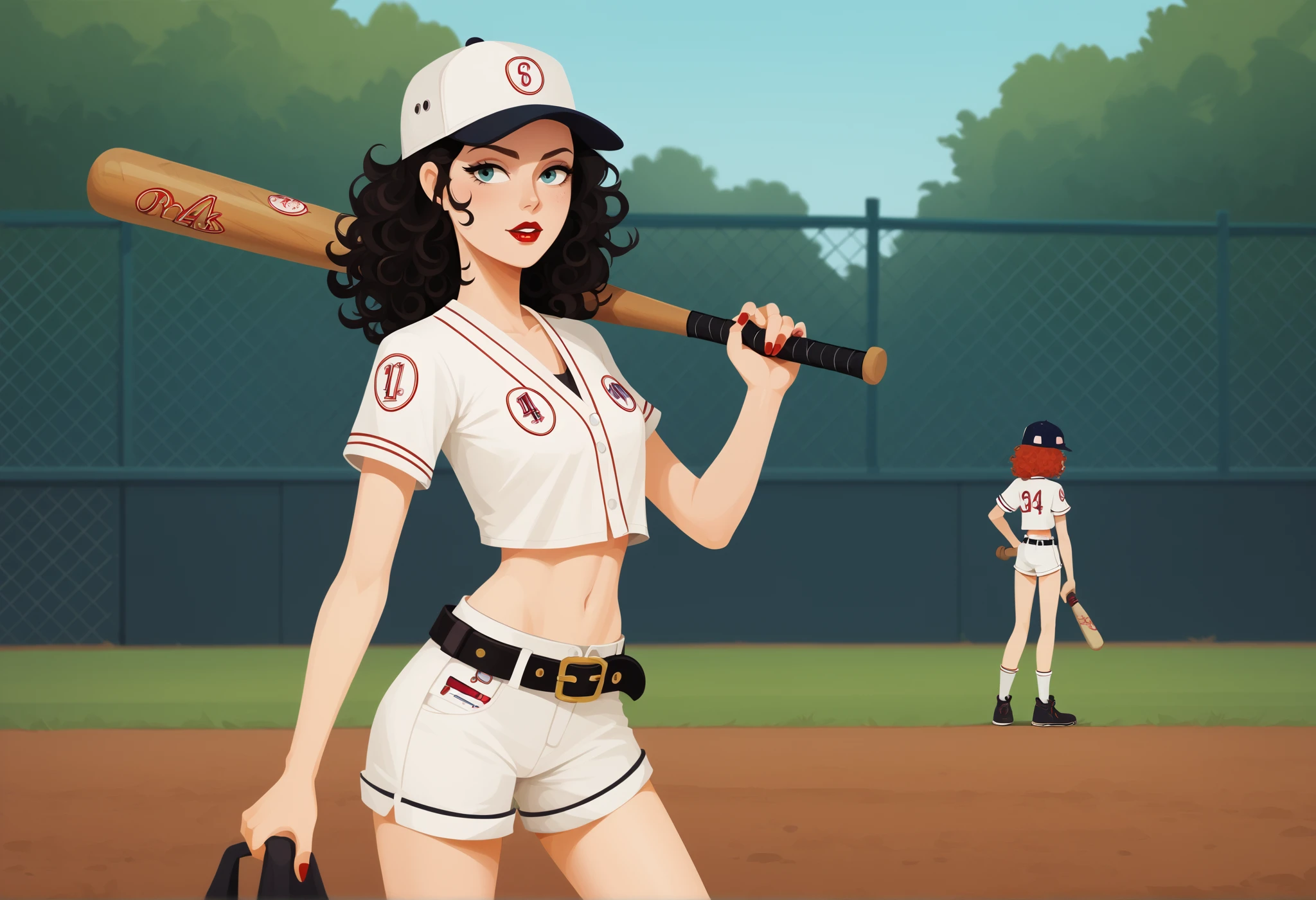((score_8_up,score_7_up,score_6_up, BREAK madscientist style, vector art,))
1girl, long black curly hair, red lipstick, hud_bbll_plyr, baseball cap, striped, midriff, belt, baseball uniform, shorts, crop top, baseball bat