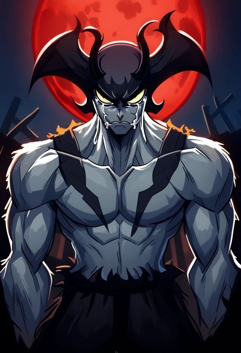 Solo, Serious face, Crying, demon boy, muscular male, male focus, no pupils, moon, Demon, Devilman, no pupils, gray skin, sharp teeth, stand in dark alley, Closed mouth,