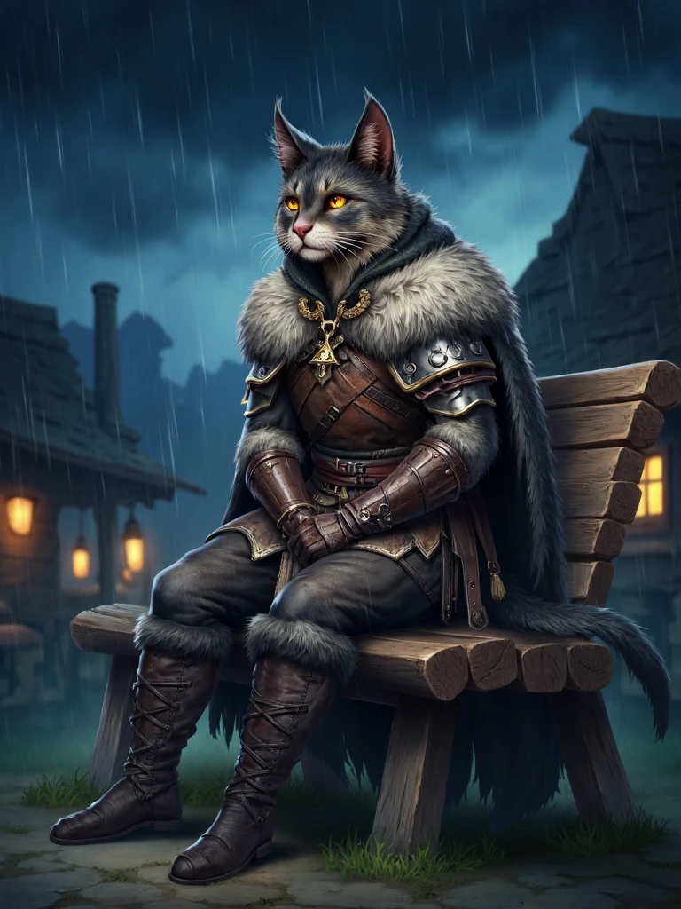 krrat style, digital illustration, humanoid tabaxi cat rogue sitting on wooden bench in meedieval town, he is wearing leahter armor with laces belts and rough cloak, rainy night with dark storm clouds on sky <lora:sxz-Krrat-Flux:1>