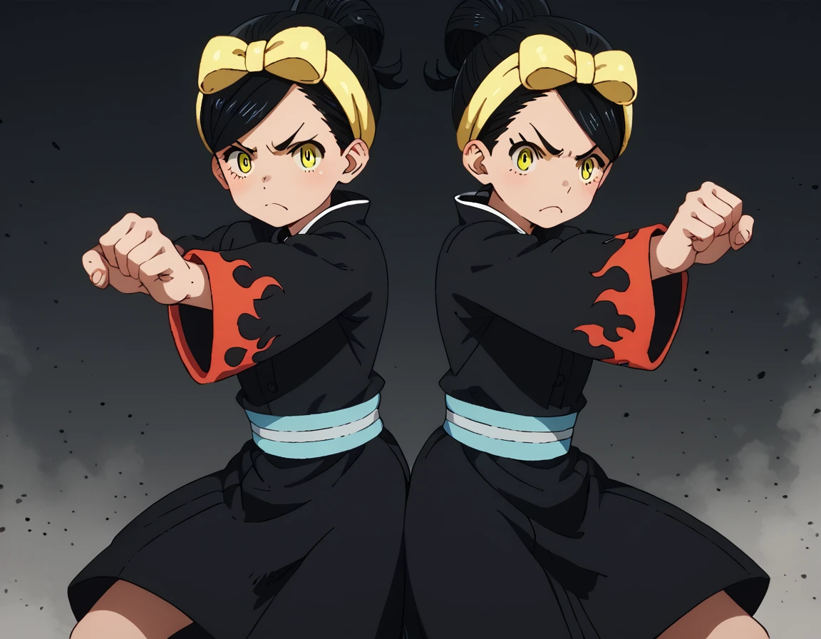 score_9, score_8_up, score_7_up, score_6_up, score_5_up, score_4_up, source_anime   <lora:FireForce:1>, dynamic pose, action shot, ,   HinataHikage, 2girls, twins, black hair, yellow eyes,  black kimono,