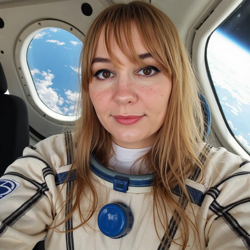 A photo of a woman. The photo includes her entire body. She has bold black eyeliner. She has smoky eyeshadow. She has a slight grin. She is looking directly into the camera. She has a natural skin texture. The skin is very detailed including skin pores. She has faint freckles across her nose and cheeks
She is in a spaceship. Earth can be seen in the distance from the window behind her. She is wearing a spacesuit.