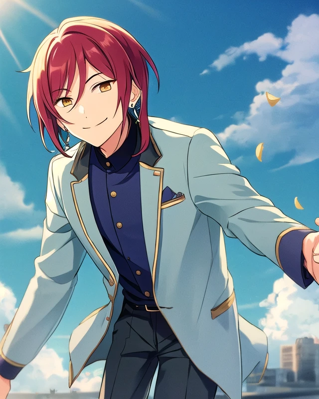 sakasaki natsume, solo, solo focus, 1boy, male focus, assymetrical hair, smile, medium length hair, earrings <lora:NatsumeSD15-07:0.7>