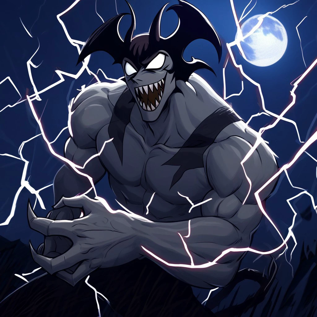 smile, lightning, demon boy, muscular male, open mouth, male focus, no pupils, moon, Demon, Devilman, no pupils, gray skin, sharp teeth, raichiyo33