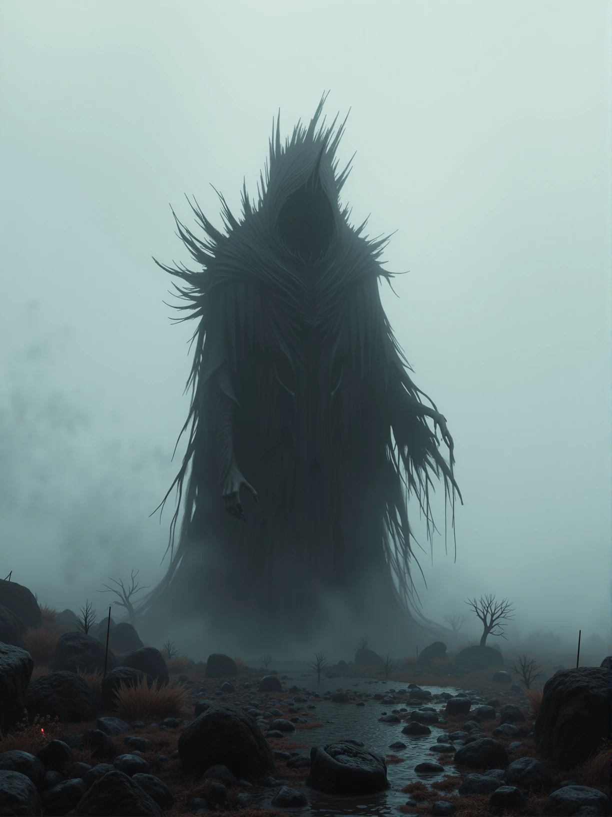 A foreboding, dark figure stands shrouded in shadows, its form indistinguishable but exuding a palpable aura of despair. The figure's presence is marked by an eerie, otherworldly shape that contrasts sharply with the surrounding darkness. The environment is a desolate, fog-covered landscape where light is scarce, adding to the oppressive mood. The scene embodies the essence darkness without revealing any human traits, creating an unsettling and mysterious atmosphere. Dark fantasy, darkcore <lora:Darkcore Flux:0.8>