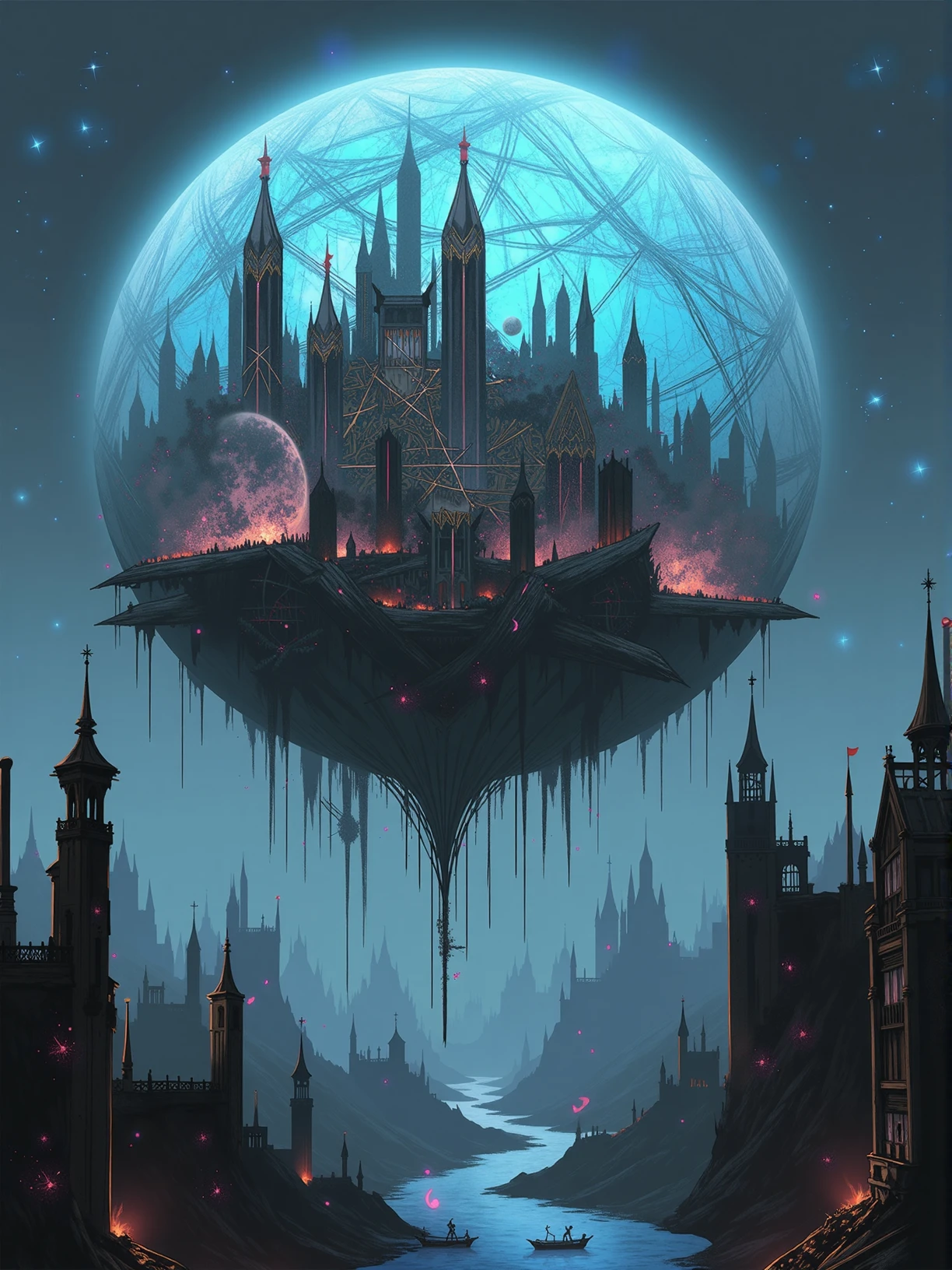 a floating city encased in a massive dome, night time, eerie, dark fantasy, darkcore <lora:Darkcore Flux:0.8>