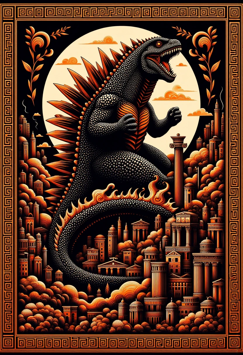 <lora:ElysnDrms_flux_EliPot:1>, grkptt, limited palette, orange theme, black background, two-tone color scheme orange black ancient greece godzilla with orange fire billowing off of body standing in a ruined city roaring into the sky with black smoke rising and fire burning