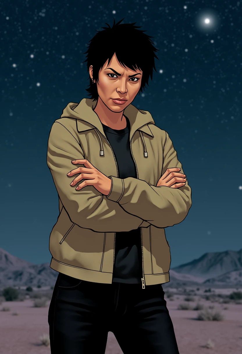 Cell shaded illustration of a Hispanic woman with extremely short black hair and a harsh face wearing a beige jacket and black pants scowling with crossed arms outdoors in front of a starry sky,Taliana, <lora:Taliana_Martinez_Grand_Theft_Auto_5_Flux:1>