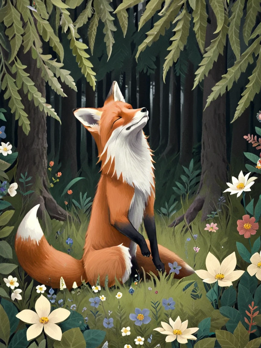 <lora:tlacuiloapt2XL:1> tlacuiloapt2, fox, forest, flower, solo