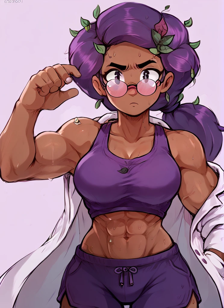 score_9, score_8_up, score_7_up, <lora:bsrosa:1>bsrosa , 1girl, purple hair, leaf hair ornament, dark skin ,looking at viewer, sweat, breast , low ponytail, purple shorts, muscular female, , sleeveless shirt, glasses, navel, purple tank top , blush, lab coat, simple background, <lora:Aer0Zer0_Artist_Style:1>aerozerorisk