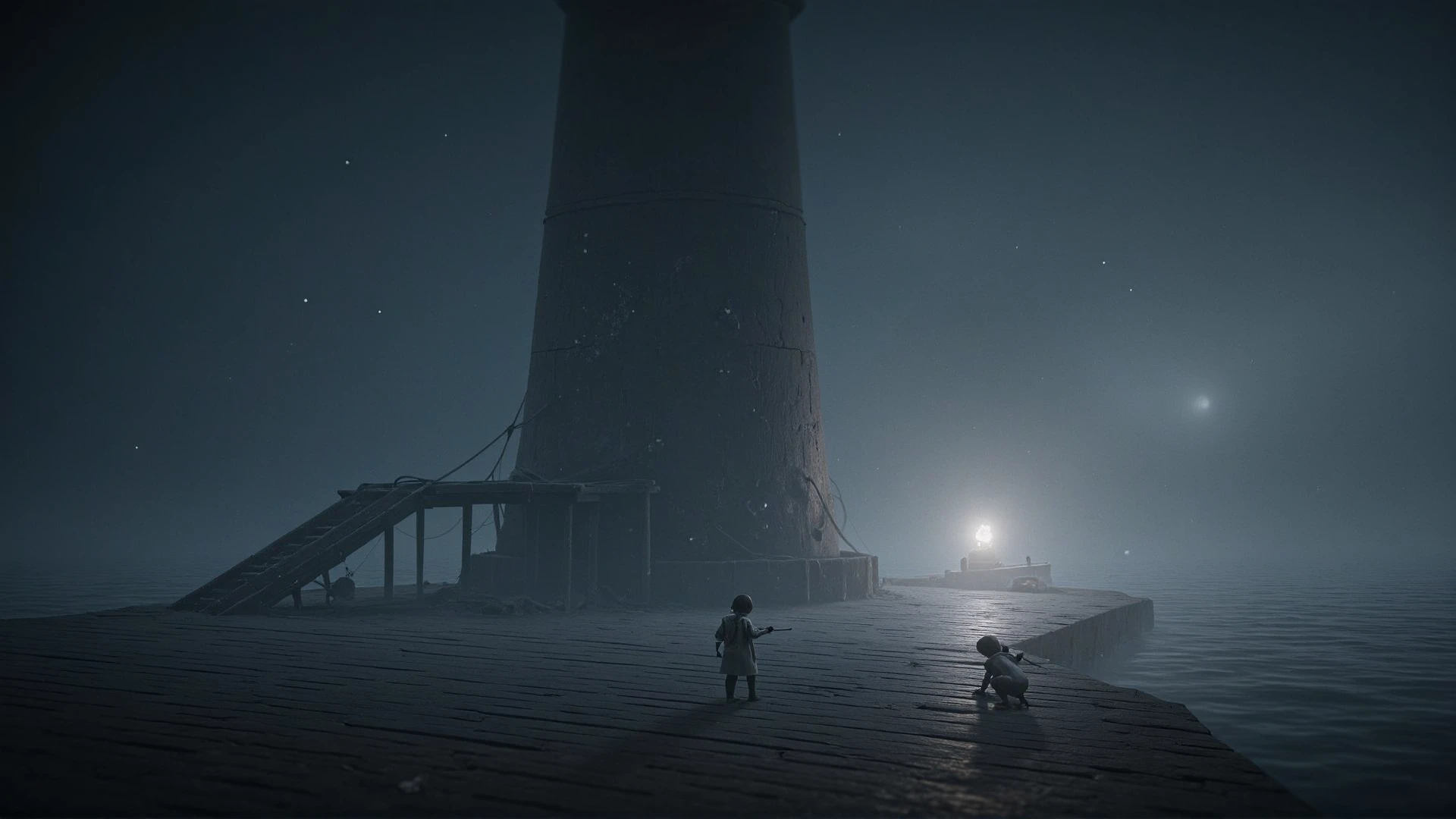 <lora:REANIMALStyle:1>ReAnimalStyle, A far shot, video game perspective view, dark atmospheric,  lighting next generation video game, scary, beautiful lighting.
Two kids exploring a twisted horror isolated harbor lighthouse. Isolation atmosphere.