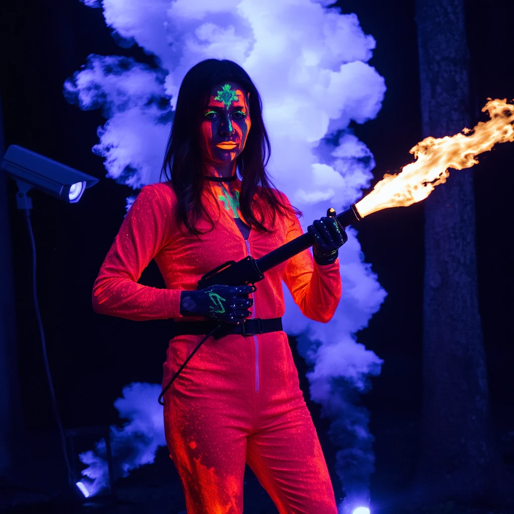 cctv camera. ne0n woman is holding a flamethrower and fire-retardant rubber suit. woman is standing in a forest clearing with smoke billowing out of the trees behind her. There is a large bridge centered above her in the frame.