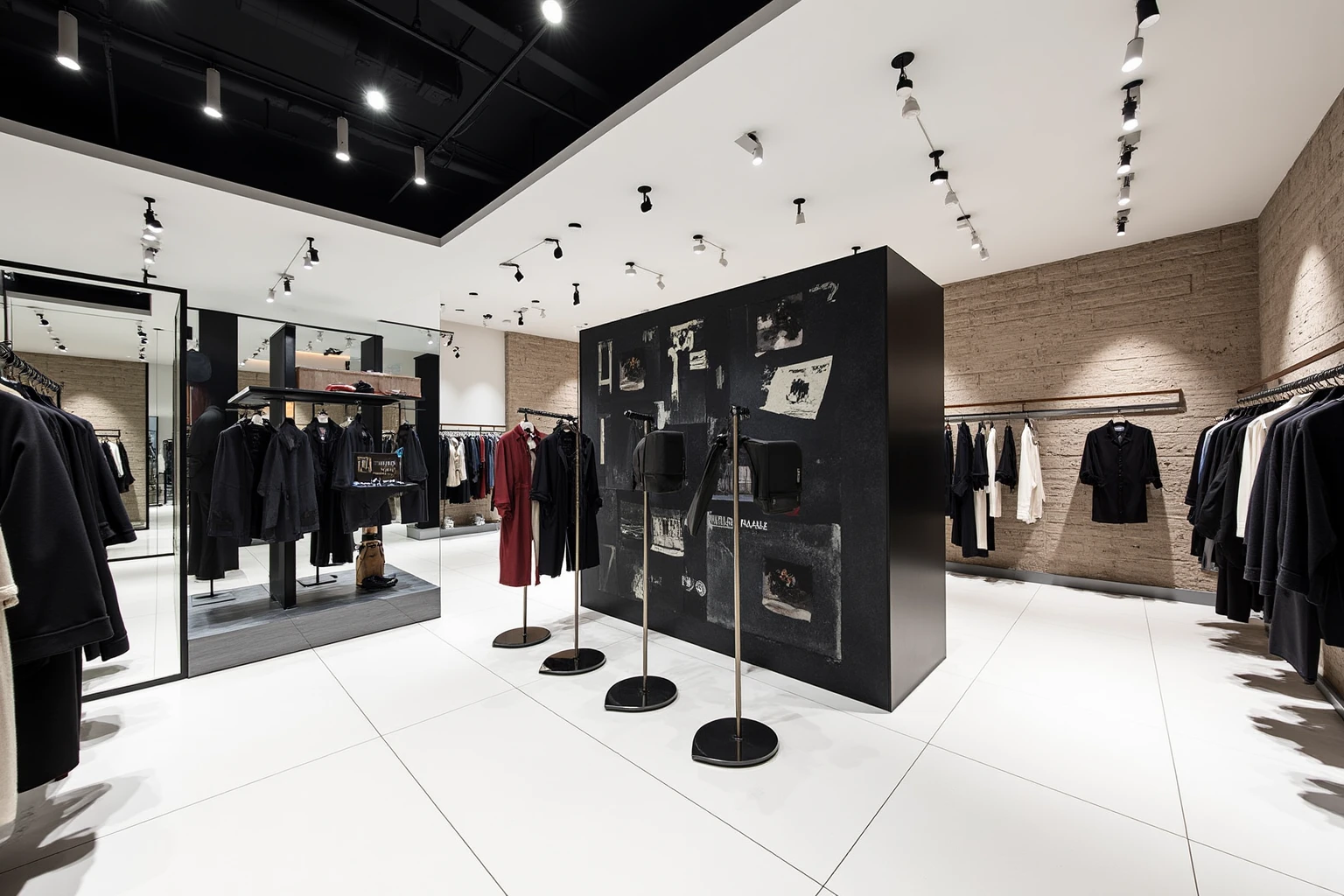 fashion cloths,A modern clothing store with modern elements, black and white theme, white tile floor, and decorative artwork with punk elements