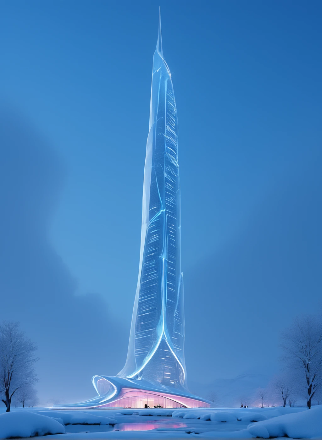 Soft Sketch Design of a Futuristic Skyscraper in an Icy Landscape:

Imagine a soft, sketched portrayal of a futuristic skyscraper, its elegant form rising from an expansive, icy terrain. The skyscraper’s design is inspired by the fluid lines and aerodynamic curves of a high-tech race car, with delicate, flowing strokes that suggest both speed and grace.

The structure is accentuated by soft, glowing neon accents in pink and blue, which contrast beautifully against the cool, icy surroundings. These neon lights trace the building's smooth contours, blending gently into the sketch, creating an otherworldly glow that seems to radiate warmth in the cold environment.

The icy landscape surrounding the skyscraper is depicted with gentle, sweeping lines that evoke the undulating surface of frozen plains and snow-covered peaks. Light shading suggests the texture of the ice, with subtle highlights and shadows giving the impression of depth and reflection. The distant mountains and ice formations are drawn with faint, delicate lines, fading into the background, allowing the skyscraper to stand as the focal point.

The building's reflective glass surfaces capture the surrounding icy landscape, with hints of the soft blues and whites of the snow and ice mirrored on its facade. The interplay of light and shadow on the skyscraper’s surface creates a serene and tranquil atmosphere, as if the building is a beacon of modernity in a vast, frozen wilderness.

Inside, the soft lighting and airy lines continue, with hints of the interior spaces just visible through the glass. The high-tech, cyberpunk elements are subtly suggested with light touches, maintaining the delicate balance between the structure and its environment.

The entire composition is set against a lightly textured, icy backdrop, with the skyscraper standing tall and serene, its futuristic design harmoniously integrated with the cold, pristine beauty of the icy surroundings.