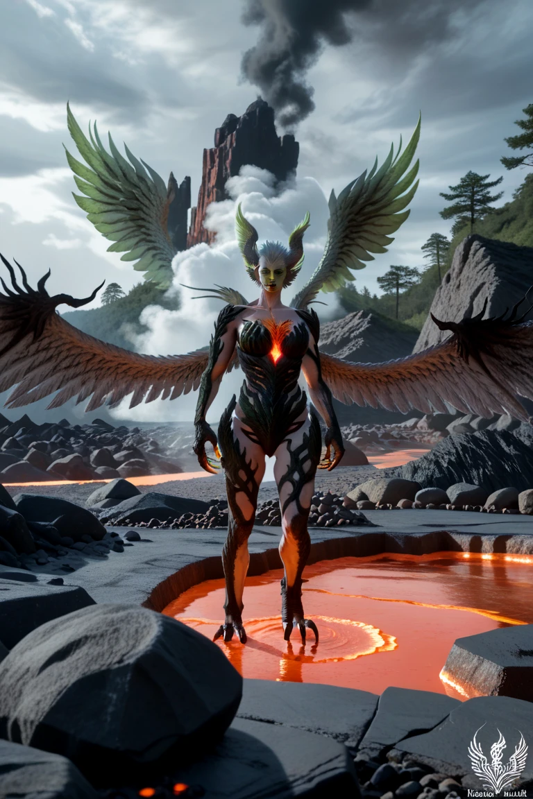 score_9, score_8_up, score_7_up, Garuda, head wings, monster girl, female, green lips, black feathers, large wings, fingernails, multiple wings, feathered wings, black body, yellow eyes, claws, feathers, armor,

BREAK
(volcanic landscape, lava flows, smoky air, rugged terrain, standing on volcanic rock, wings spread, claws digging into rock, looking at viewer:1.2)