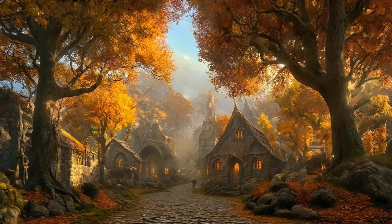 The image captures the serene beauty of an elven town bathed in the soft glow of early morning light during autumn. The town's architecture is reminiscent of ancient forests, with buildings made from wood and stone blending seamlessly into their natural surroundings. The trees lining the streets have turned vibrant shades of orange and yellow, casting long shadows on the cobblestone paths. A gentle mist hangs over the scene, adding an ethereal quality to the atmosphere. The overall mood of the image is one of tranquility and harmony between nature and civilization. It's a picturesque scene that evokes a sense of peace and timelessness. The artist has skillfully used color and lighting to create a visually stunning representation of this mystical place., score_9, score_9_up, lotr, hoblotr,