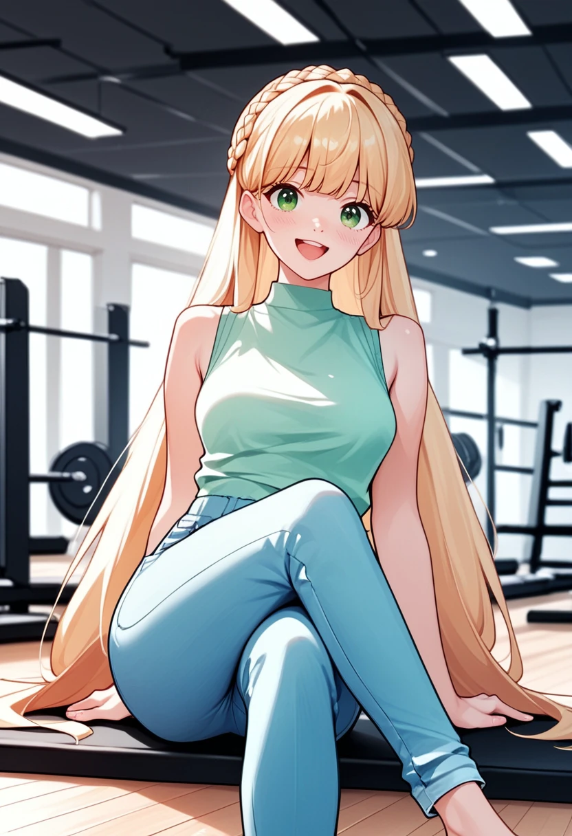 zPDXL3, score_9, score_8_up, score_7_up, score_6_up, score_5_up, score_4_up, 
1girl, medium breasts,  
blonde hair, green eyes, crown braid, straight hair, very long hair, ribbon bangs,
sleeveless shirt,
lowleg pants,
happy,
crossed legs,
gym,
<lora:FOM Celine - v2:1> fomceline, solo,