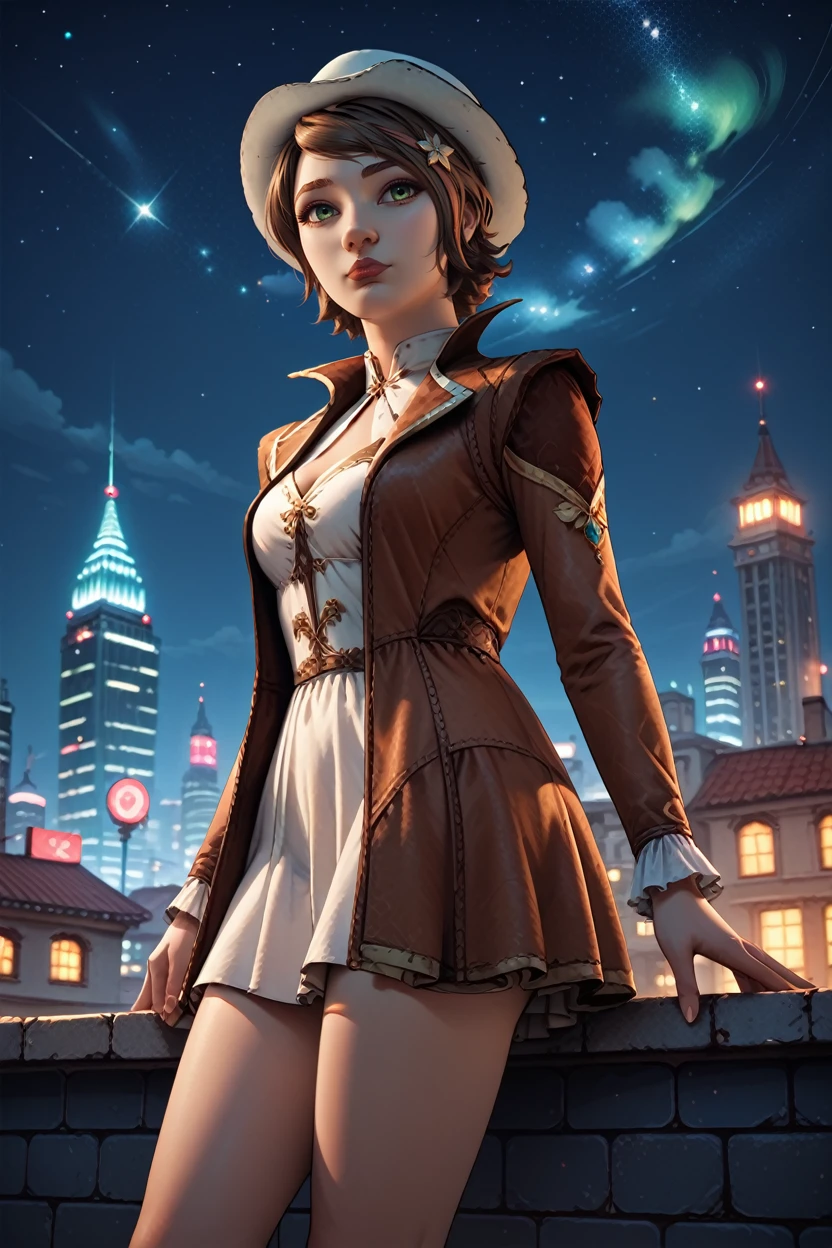 score_9, score_8_up, score_7_up, score_6_up
<lora:BFiona:0.8>
BFiona, 1girl, short hair, brown hair, green eyes, hat, looking at viewer, standing on a rooftop at night, city lights twinkling below, wind gently blowing hair, starry sky above, mysterious and enchanting ambiance