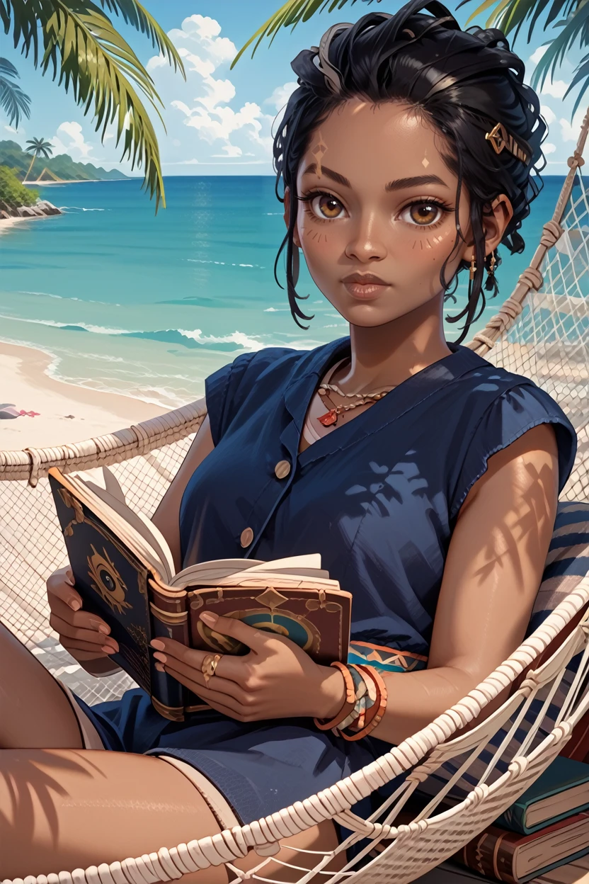 score_9, score_8_up, score_7_up, score_6_up
<lora:BGONEAntea:1.0>
BGONEAntea, 1girl, black hair, dark skin, brown eyes, looking at viewer, laying in a hammock, reading a book, tropical beach with palm trees swaying, clear blue sky and ocean, tranquil and leisurely setting