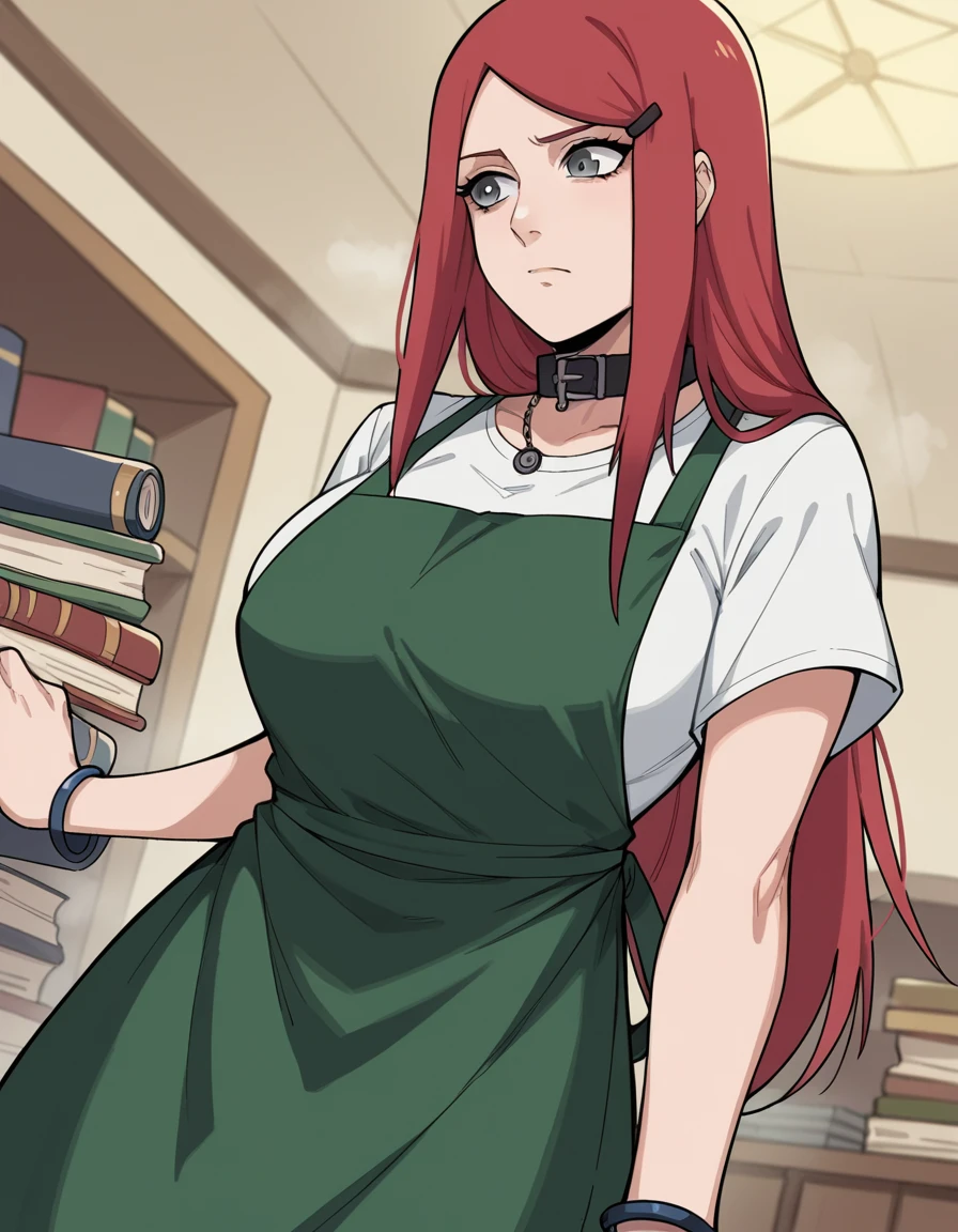 score_9, score_8_up, score_7_up, source_anime, <lora:kushina-uzumaki-shippuden-anime-ponyxl-lora-nochekaiser_r1:1>, kushina, long hair, hair ornament, red hair, hairclip, grey eyes, swept bangs, large breasts,, shirt, dress, jewelry, white shirt, short sleeves, apron, bracelet, green apron, collar,, bookstore, browsing shelves, new book smell, finding a favorite, quiet atmosphere, , , hand shaking hands, solo,, cowboy shot, dutch angle