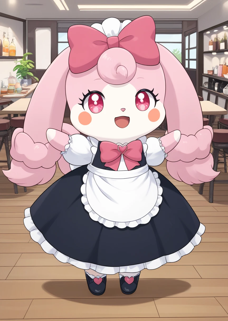 score_9, score_8_up, score_7_up, score_6_up, score_5_up, BREAK
source_anime, source_furry, Melory, solo, smile, open mouth, bow, standing, full body, open eyes, :d, hair bow, heart, no humans, cafe, blush stickers, happy, pink bow, maid dress, maid headdress, dynamic pose, 