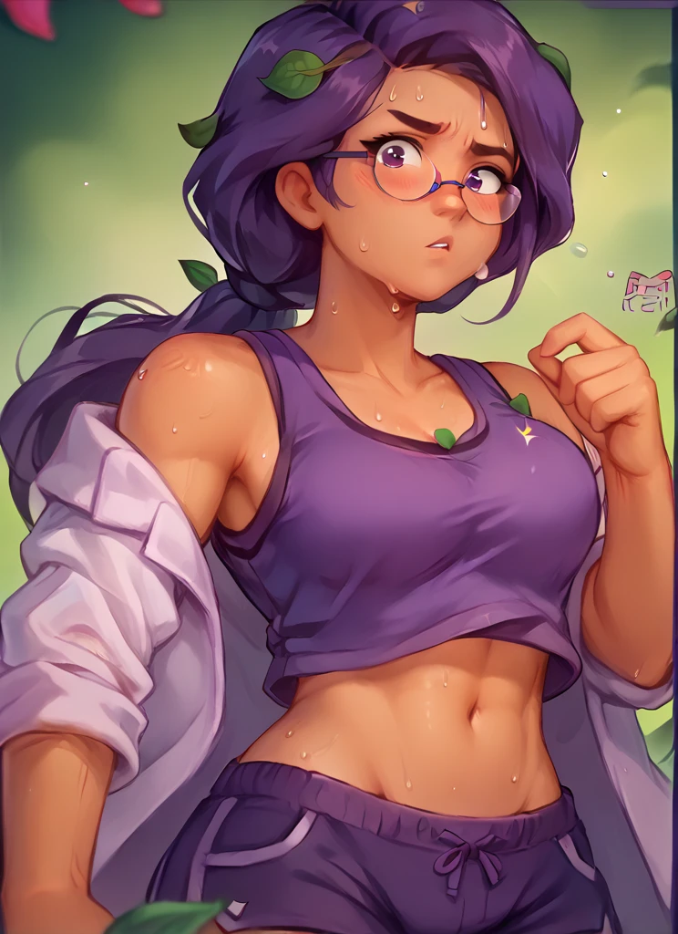 score_9, score_8_up, score_7_up, <lora:bsrosa:1>bsrosa , 1girl, purple hair, leaf hair ornament, dark skin ,looking at viewer, sweat, breast , low ponytail, purple shorts, sleeveless shirt, glasses, navel, purple tank top, breast , blush, lab coat, simple background, <lora:Kittew-4RCH0N:1>