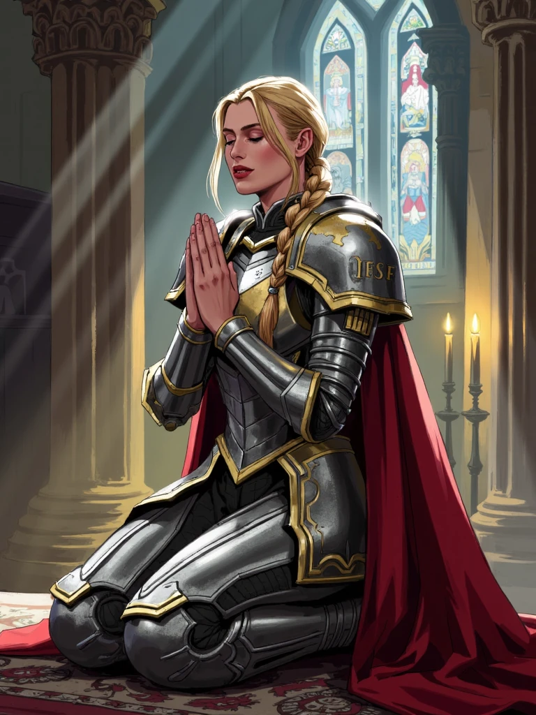 amadmir style, stylized illustration, distant shot of paladin woman in ornate armor and red cape praying on her knees, closed eyes, ornate silver armor with big golden shoulder pads, blonde hair with longe single braid, beam of light falls on her body, light made caustic effects because of stained glass windows and dim glowing candles, <lora:sxz-Amadmir-Flux:1>