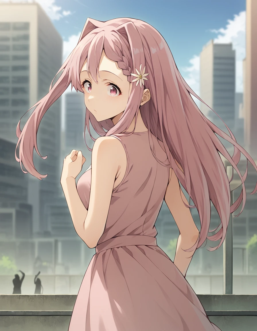 score_9, score_8_up, score_7_up, source_anime, BREAK
1girl, solo, outdoors, cowboy shot, blurry background, city, tokyo, crowd, blue sky, skyscraper,
<lora:karen_himemiya_anime-soralz:1>,
karen himemiya, pink hair, long hair, hair intakes, braid, hair ornament, pink eyes, sidelocks,
pink dress, sleeveless dress, silhouette,