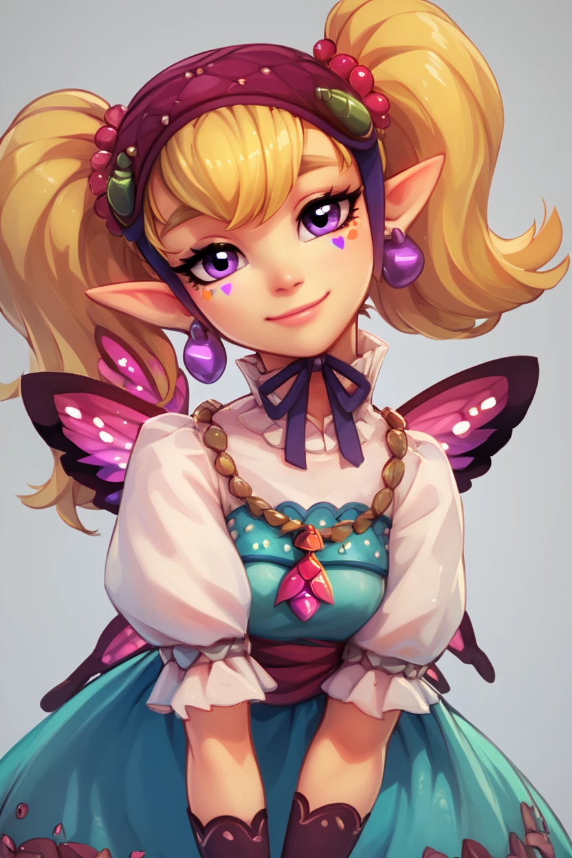 score_9, score_8_up, score_8, medium breasts, (curvy), cute, eyelashes,       BREAK, , <lora:Agitha_Zelda_PDXL:1.0>,  zzAgitha, purple eyes, blonde hair, twintails, pointy ears, jewelry, earrings, gloves, dress, butterfly wings, , BREAK, looking at viewer,  smile, waving, upper body, leaning forward, head tilt,  embedding:zPDXL, Expressiveh, <lora:CatalystStylePDXL:0.6>,  <lora:SDXLFaeTastic2400:0.5>,  <lora:Expressive_H-000001:0.4>,