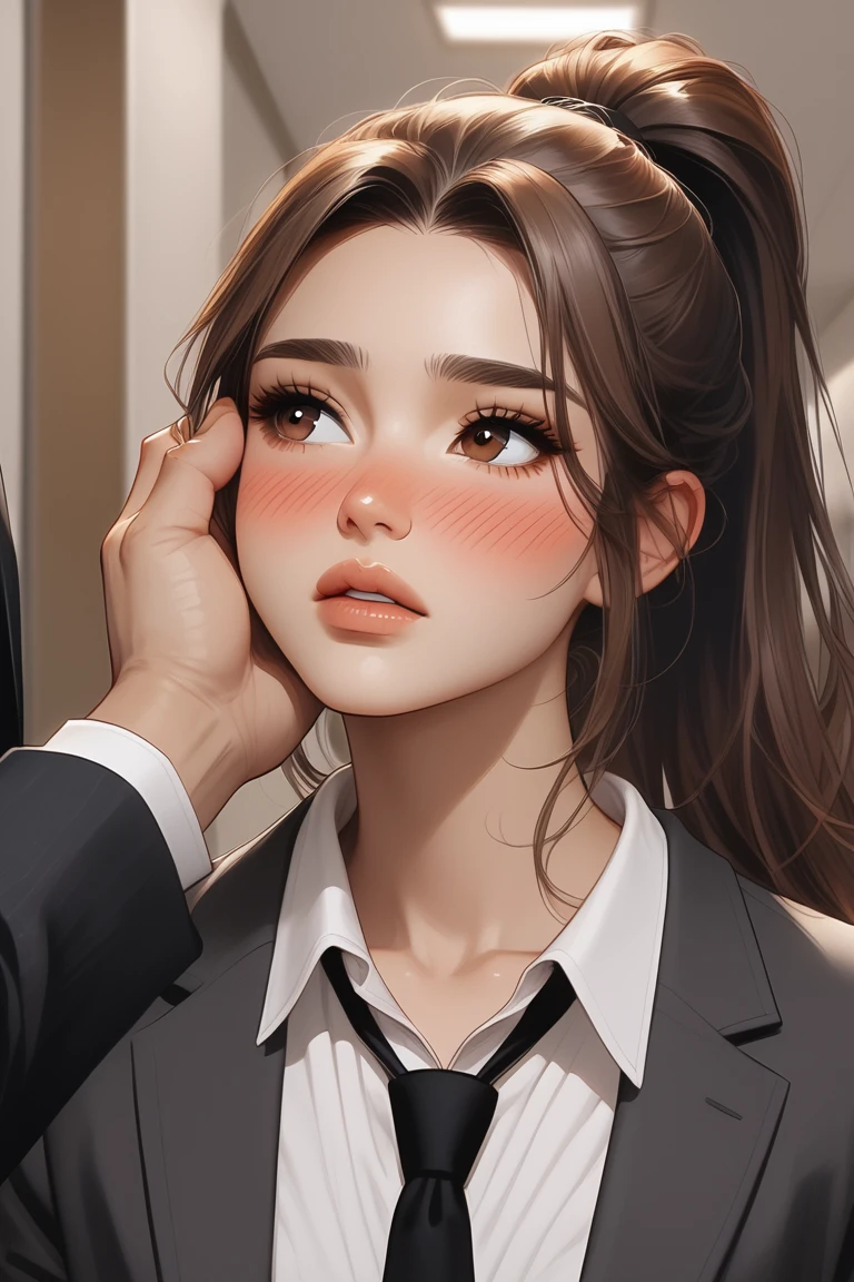 1girl, long hair, blush, brown hair, shirt, 1boy, brown eyes, collarbone, jacket, white shirt, ponytail, parted lips, necktie, solo focus, collared shirt, lips, formal, suit, black necktie, hand on another's face