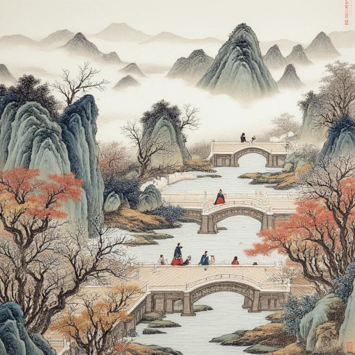 Chinese painting, people sitting in woods, Chinese traditional clothes, high mountains in background, water, boat, colorful tree leaves,