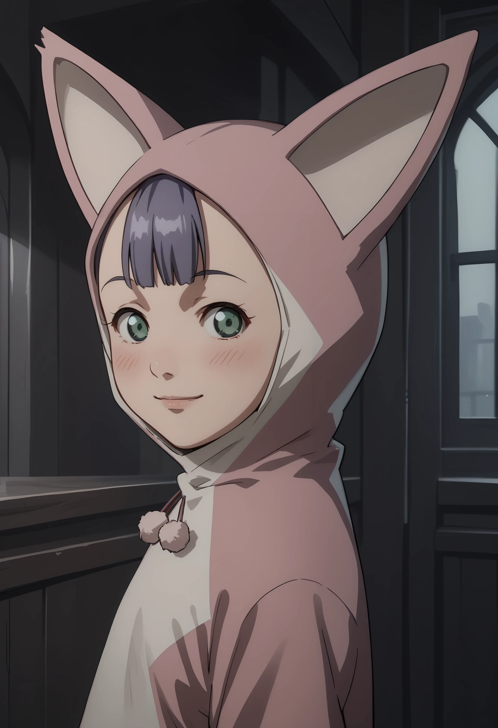 score_9, score_8_up, score_7_up, score_6_up, score_5_up, score_4_up, 1girl,  <lora:PinoBunnyEP:0.85> purple hair, bangs, green eyes, animal costume, animal ears, hood, standing, upper body, smile, blush, from side, looking at viewer, 
indoors, dark city,