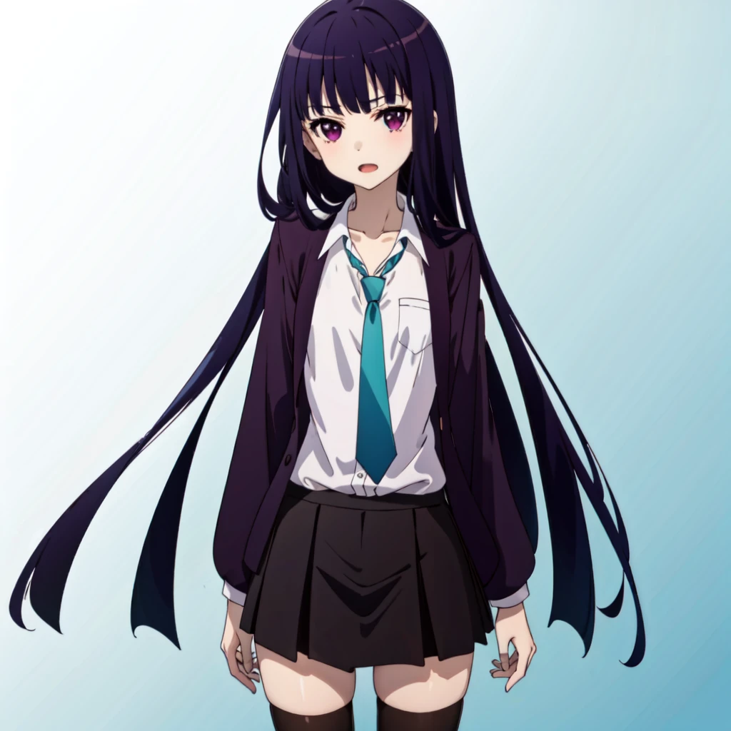 long purple hair,1girl,solo,Purple eyes,thighhighs,long hair,school uniform,skirt,black thighhighs,blunt bangs,zettai ryouiki,<lora:Riricho-v1:1>,best quality,4k,2k,wallpaper,highres,absurdres,looking_at_viewer,no pants,open mouth,upper body,looking at viewer,pink shirt,very long hair,shirt,aqua background,collarbone,:3,solo,shirt tug,masterpiece,newest,absurdres,safe,blue necktie,school uniform,suit jacket,