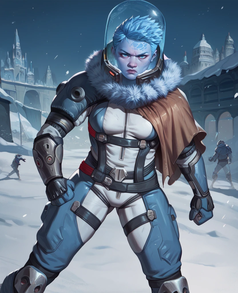 score_9,score_8_up,score_7_up,score_6_up,mrsfrzessq,blue eyes,blue ice hair,short hair,facial mark,
helmet,bodysuit,fur trim,
serious,   fighting stance,  
snow,city,night,science fiction,
<lora:msfreezeSSQXK-12:0.8>,