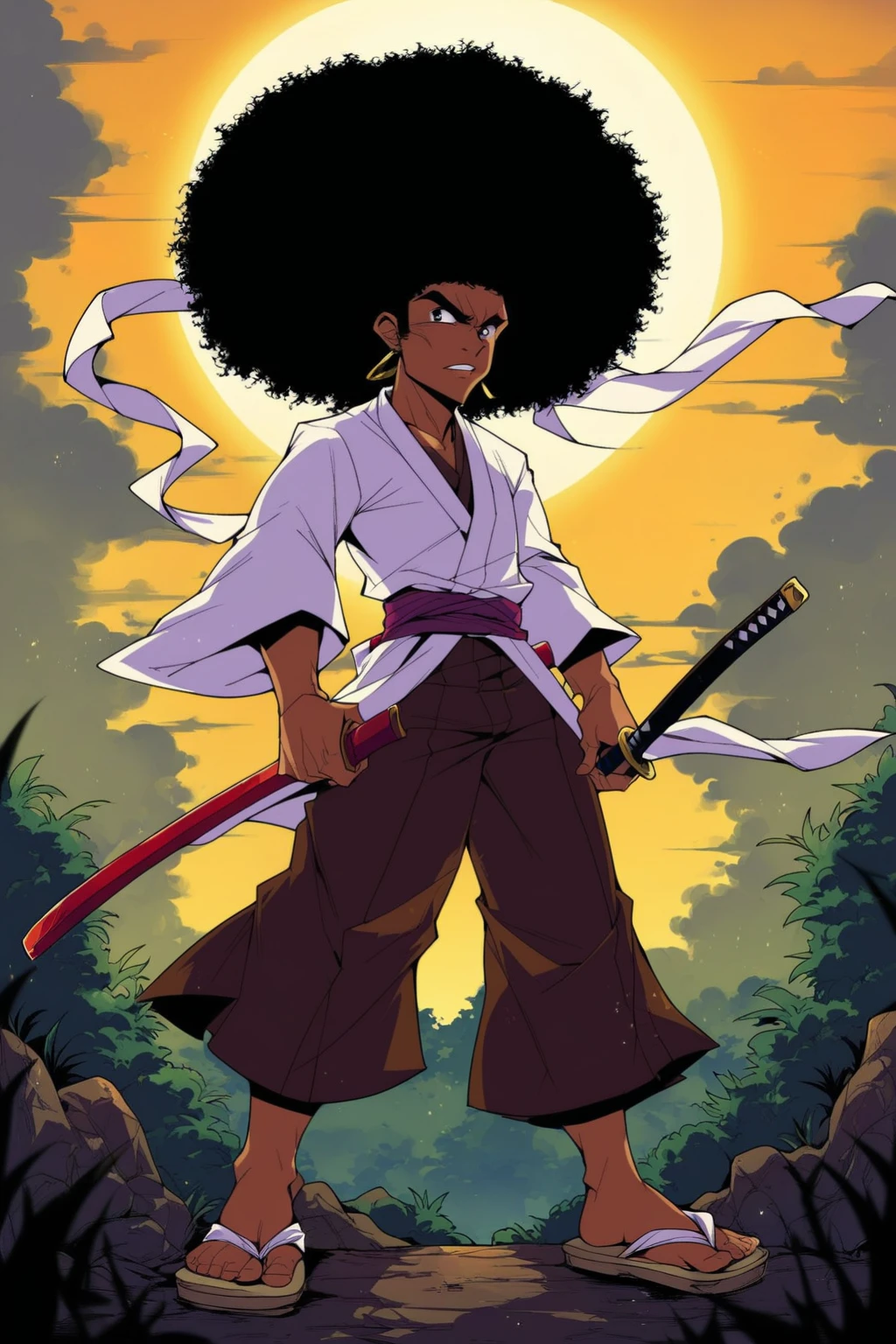 score_9, score_8_up, score_7_up, score_6_up, score_5_up, score_4_up, masterpiece, high quality, BREAK, full body, BREAK, 1boy, <lora:Afro_Samarai:0.9> AfroSamarai, black hair, afro, katana, tanned skin, wood sandals, drawing sword,