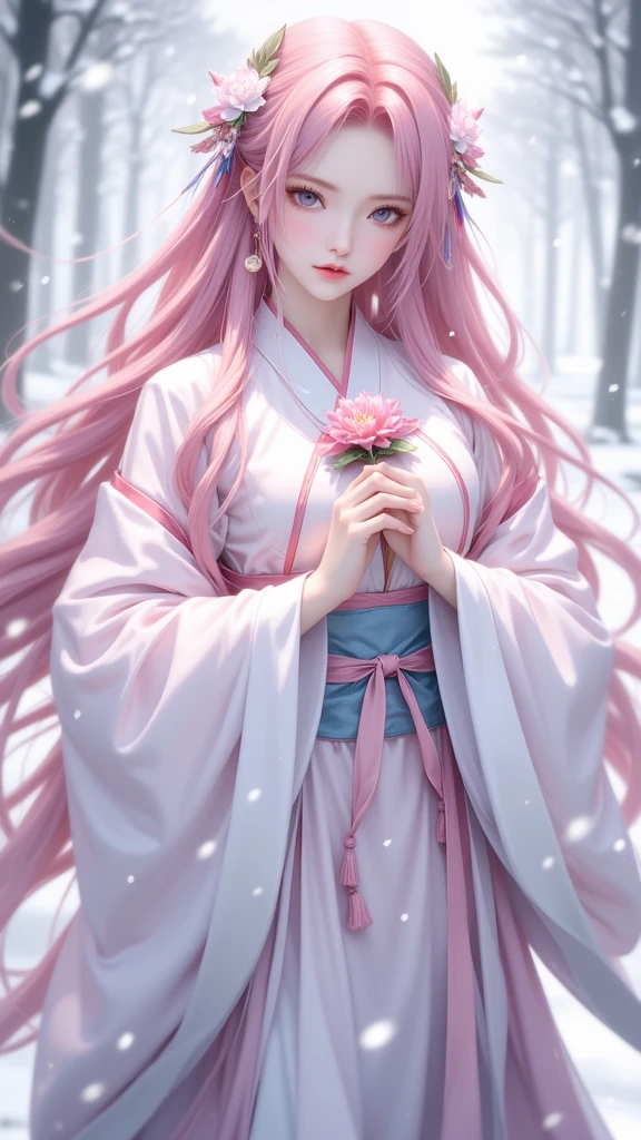 gufeng,1girl,long hair,stand, full body, solo,jewelry,earrings,blurry background,upper body,pink hair,blurry,snowing,closed mouth,lips,snow,facing viewer,ribbon,hanfu,flower,