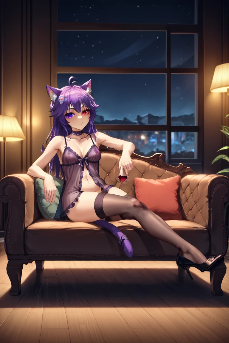 score_9, score_8_up, score_7_up, (best quality, masterpiece, high resolution:1.2),
1girl, feline, female, cat ears, purple hair, heterochromia, purple eyes, red eyes, ahoge, totless, tail, negligee, black choker, animal ear fluff, hair ornament, lounge, sofa, night, reclining, alluring pose, sheer negligee, lace, stockings, high heels, soft lighting, wine glass
BREAK
(purple hair:1.2), hair
BREAK
(heterochromia:1.2), eyes
BREAK
(negligee:1.2), outfit
BREAK
(black choker:1.2), choker
BREAK
(lounge:1.2), background
BREAK
(alluring pose:1.2), pose