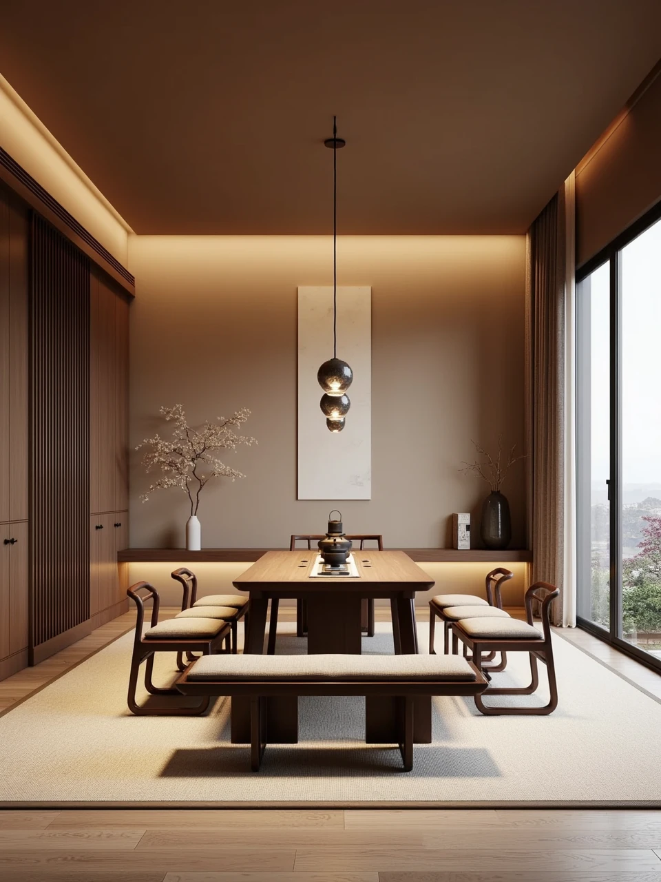 A tea room designed with Song Dynasty aesthetics,featuring exquisite furniture,an elegant layout,and a strong sense of symmetry,captured with superb photographic skill.,
1. **Furniture**: Minimalist and refined,the wooden tea table and chairs are symmetrically arranged,emphasizing balance and harmony.,
2. **Layout**: The space is designed with a deliberate and graceful arrangement,creating a serene and inviting atmosphere.,
3. **Symmetry**: The room's elements are carefully placed to reflect the era's love for symmetrical beauty,enhancing the overall aesthetic.,
4. **Photography**: The photographer's keen eye for detail and lighting captures the essence of the tea room,highlighting its tranquility and elegance.,
This tea room is a harmonious blend of ancient aesthetics and modern design,offering a peaceful retreat for tea enthusiasts.,