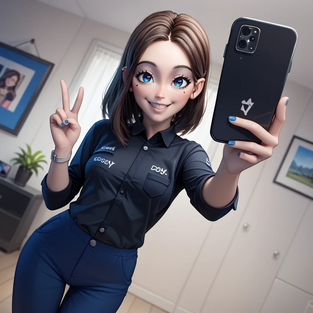 score_9, score_8_up, score_7_up, 1girl, solo, uncensored,  <lora:SamsungSamXL_v1.0:1> samsungsam, smile, taking picture, selfie, holding phone, peace sign, black shirt, blue pants, dutch angle, indoors, white room, modern, simple background