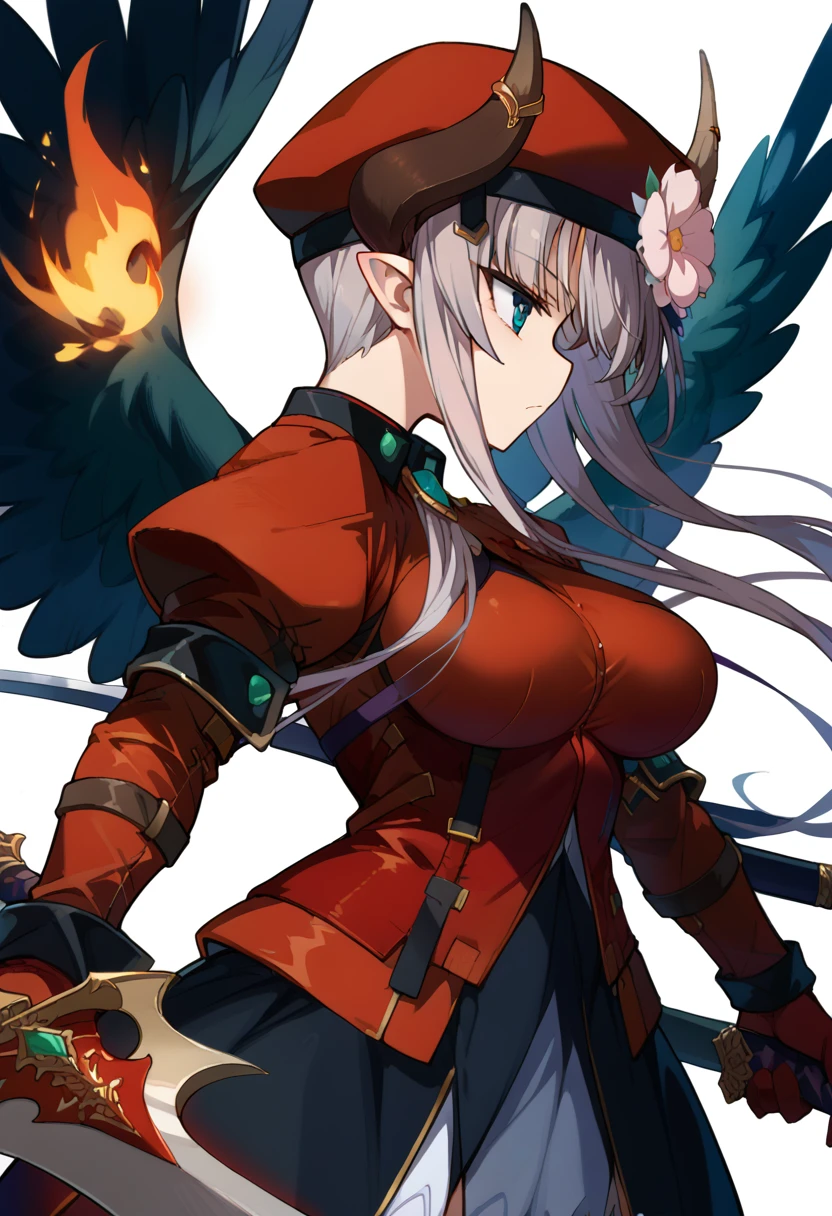 score_9, score_8_up, score_7_up, source anime, la hawzel, 1girl, solo, wings, horns, blue eyes, long hair, weapon, grey hair, pointy ears, breasts, fire, gloves, sword, white background, flower, large breasts, profile, simple background, red beret, red military unifom, shoulder armor, hair flower, <lora:la_hawzel-xl-pony-v1:1>,