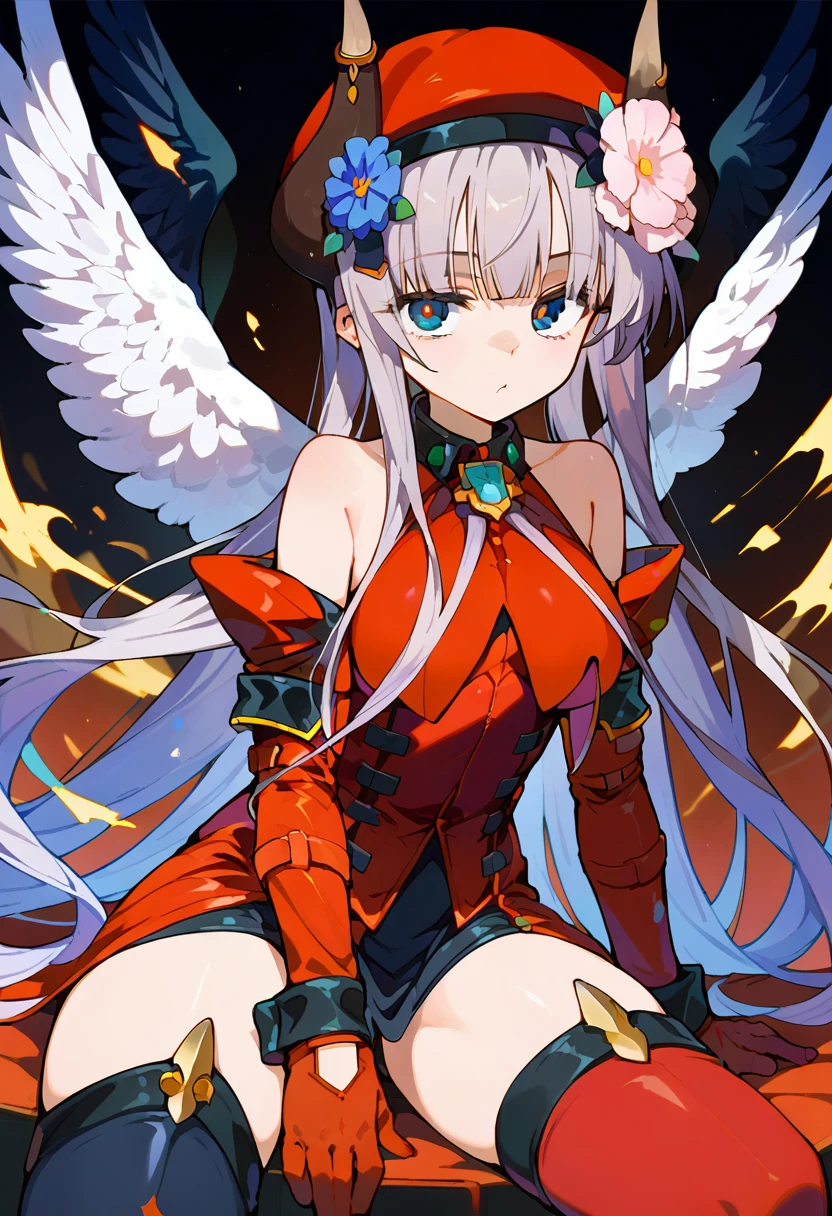 score_9, score_8_up, score_7_up, source anime, la hawzel, 1girl, solo, thighhighs, wings, long hair, grey hair, blue eyes, gloves, horns, detached sleeves, sitting, angel wings, bare shoulders, red beret, red military unifom, hair flower, <lora:la_hawzel-xl-pony-v1:1>,