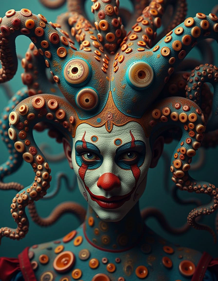 A crazy clown but the old gods are rising  <lora:But_the_old_gods_are_rising_FLUX:1>