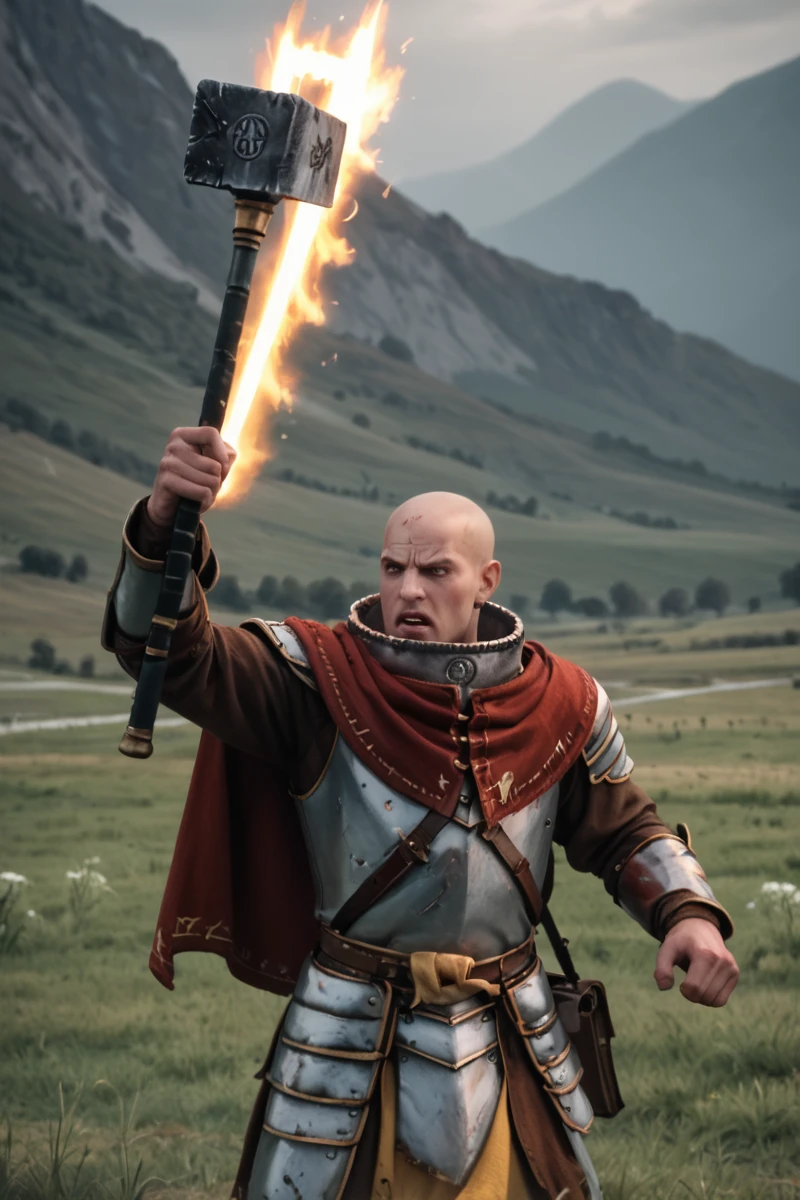 source_realistic, photorealistic snow field, serious expression <lora:Warrior_Priest_of_Sigmar_Mark_of_Chaos-000008:0.8> upper body, w4rr1orpr1st, bald male, standing, shouting, (swinging weapon, attacking:1.3), armor, yellow and white robes, capelet, gold trim, greaves, metal collar, two-handed holding war hammer, magic, book at waist, skull symbol, facial scars, PonyXL_Scores, PonyXL_HQ, <lora:StS_detail_slider_v1:1>