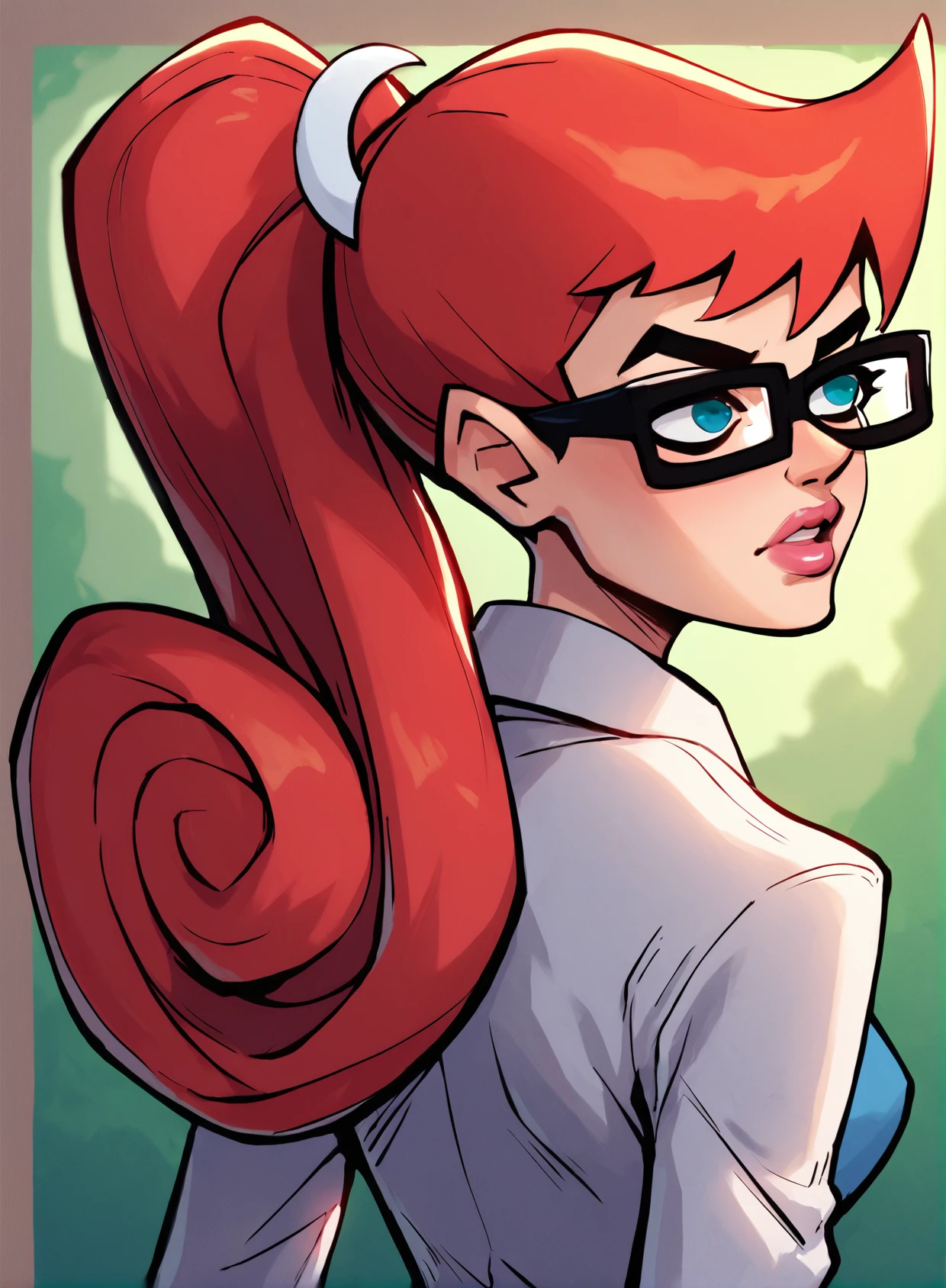 score_9,score_8_up,score_7_up,score_6_up,score_5_up, source_cartoon, MaryTest, red hair, crescent, (from behind, looking away), blue eyes, lips, lipstick, hair hornament, Black-Framed eyewear, ponytail,  <lora:Jo001:1>, (Pumpkin orange)(Sleeveless tunic with a geometric print and side slits. :1.2), (Iridescent Blue)(Distressed denim skirt with a raw edge.), (Idyllic vineyard with rows of grapevines and a sunset backdrop :1.2),   (Balancing in a dancer's pose), (bashful face), chapter cover, flat color