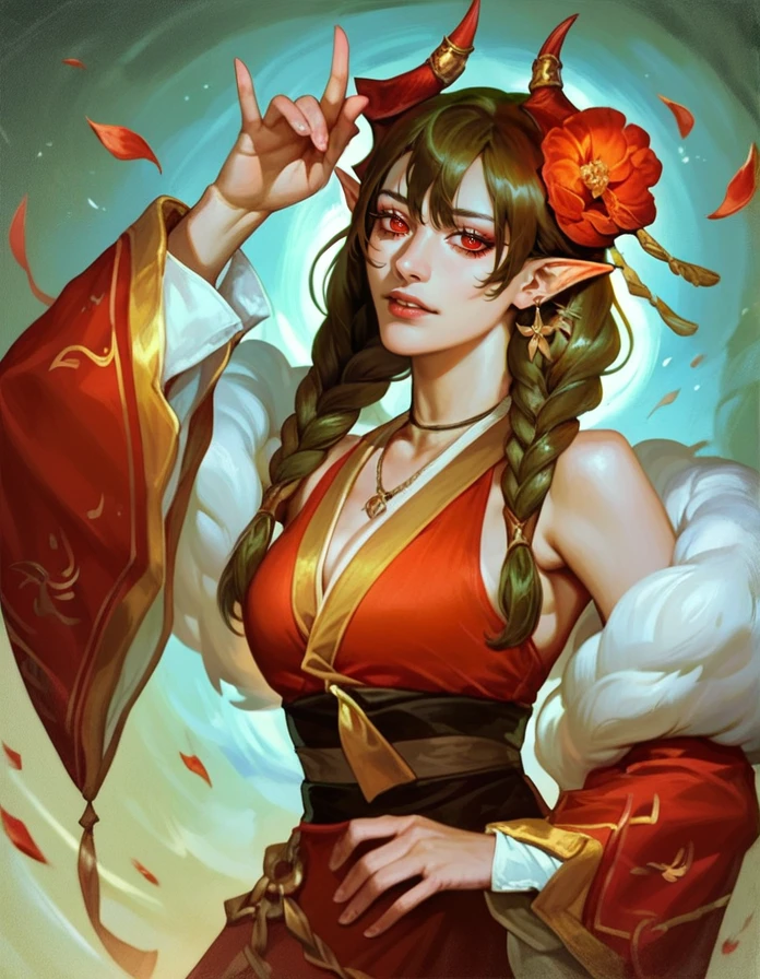 score_9, score_8_up, score_7_up,     detailed background, realistic lighting, 
1 girl, detailed eyes,slim and fit, dynamic pose, 
<lora:Lord_of_Heroes_Lairei_Yen:1>, LaireiYen, pointy ears, red eyes, horns, hair flower, red dress, twin braids, 
dance,